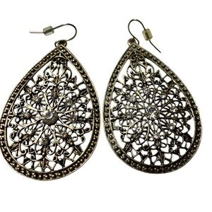 Earrings, Large Silvertone Filigreed Teardrop, Clear Stone in Center, Vi…